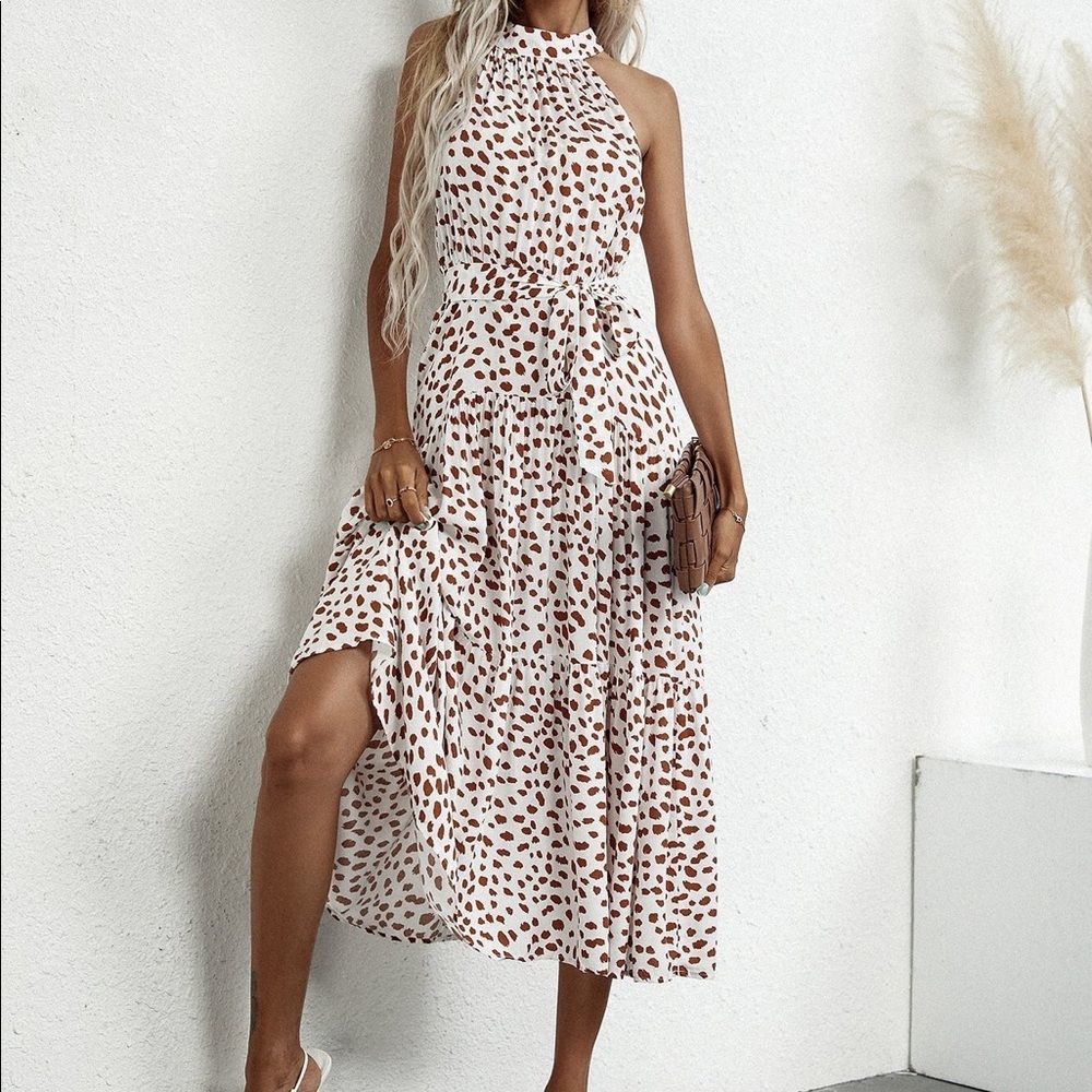 Boho High Halter Neck Sleeveless Polka Dot Midi Brown & Cream Ribbon Bel…